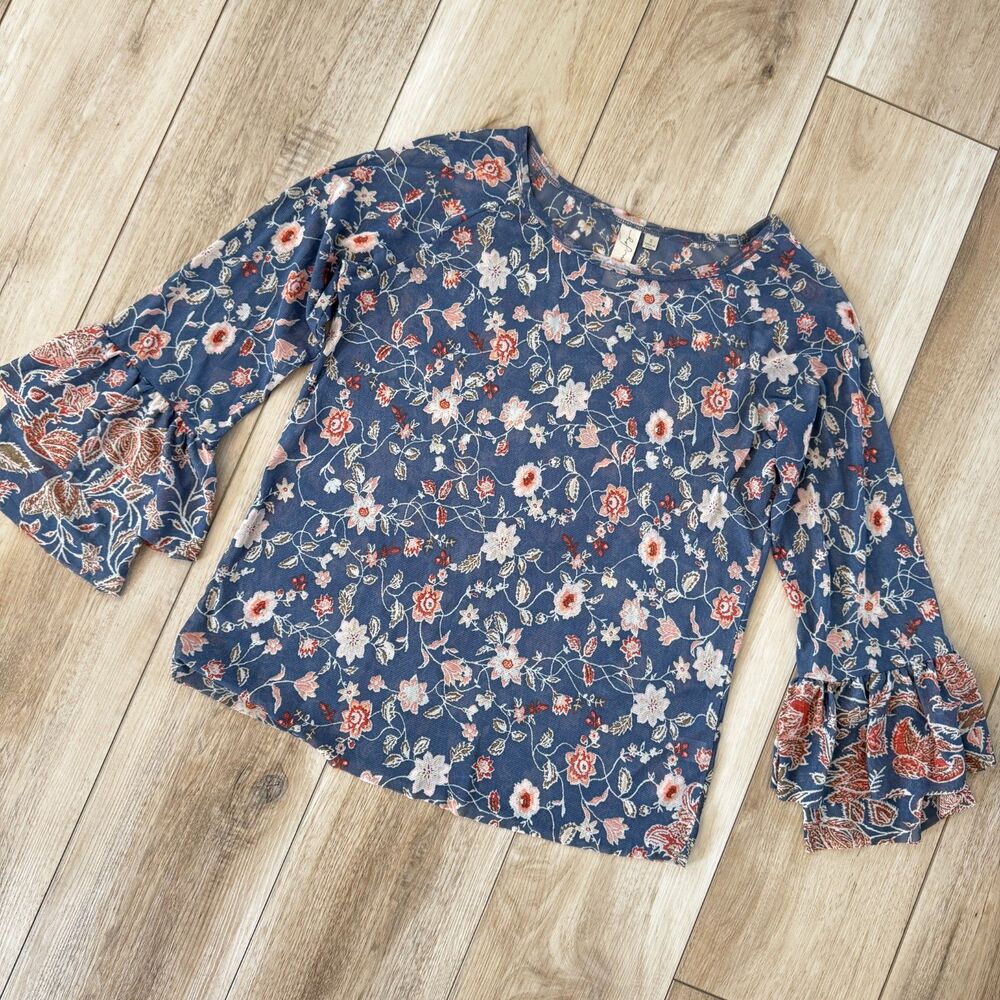 Allison Joy Romantic Sheer Mesh Floral Boho Cottage Ruffle Bell Sleeve Top Sm